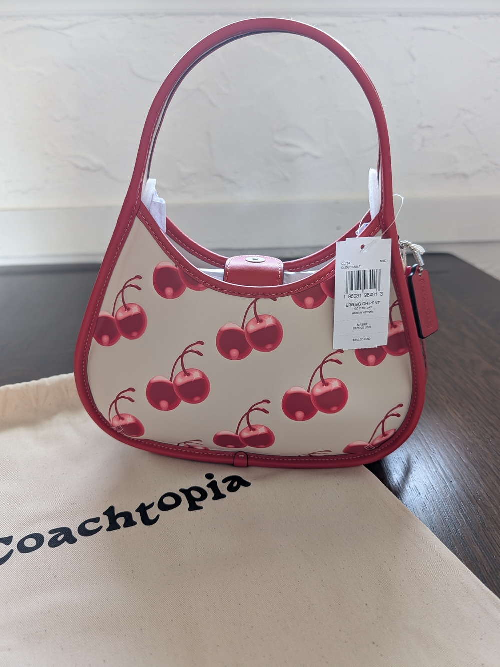 NWT Coach Coachtopia Ergo Shoulder Bag Cherry Print Cloud Multi CL754 Dust Bag